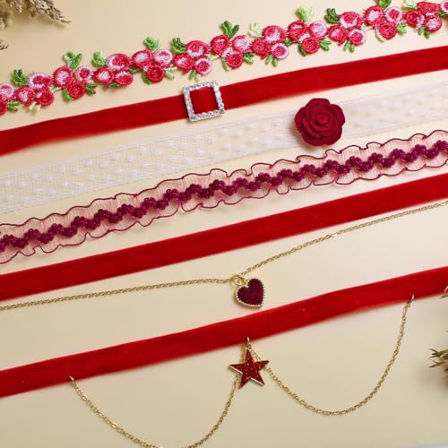Nova&Aria Chokers Set For Women Heart Choker Necklaces Flower Pendant Velvet Cute Pink Turquoise Blue White Black Choker Necklace Christmas Colorful Lace Chokers - color: Red-A