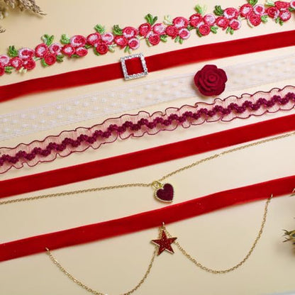 Nova&Aria Chokers Set For Women Heart Choker Necklaces Flower Pendant Velvet Cute Pink Turquoise Blue White Black Choker Necklace Christmas Colorful Lace Chokers - color: Red-A