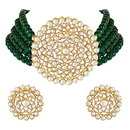 Aheli Pearl Diamond Choker Necklace & Round Earrings Gift for Women Indian Traditional Bollywood Fashion Bharatanatyam jewellery set - color: Green 3