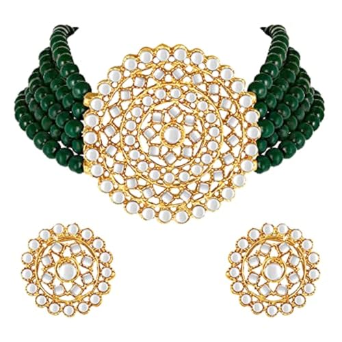 Aheli Pearl Diamond Choker Necklace & Round Earrings Gift for Women Indian Traditional Bollywood Fashion Bharatanatyam jewellery set - color: Green 3
