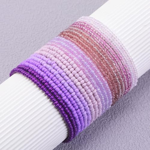 16-30Pcs Handmade Bohemian Colorful Crystal Seed Beads Stackable Adjustable Elastic Stretch Multilayerd Bracelets for Women Summer Vacation Beach Boho Bangle Jewelry - color: purple