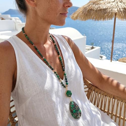 Gmai Boho Necklace for Women Long Beaded Pendant Necklace Natural Stone Teardrop pendant Jewelry Festival Vacation Gift Everyday Handmade Unique Statement Necklace - color: green