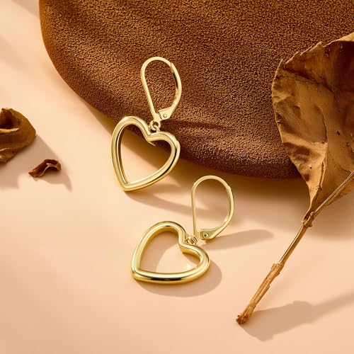 14K Gold Plated 925 Sterling Silver Openwork Love Heart Dangle Earrings, Leverback Huggie Hoop Hypoallergenic Trendy Earrings for Women - color: 14K Gold-B