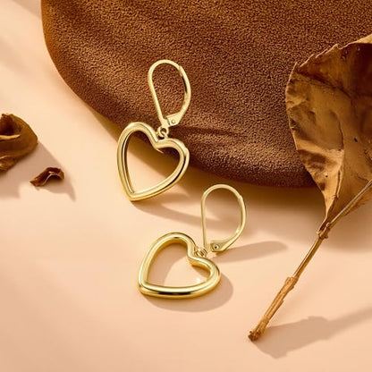 14K Gold Plated 925 Sterling Silver Openwork Love Heart Dangle Earrings, Leverback Huggie Hoop Hypoallergenic Trendy Earrings for Women - color: 14K Gold-B