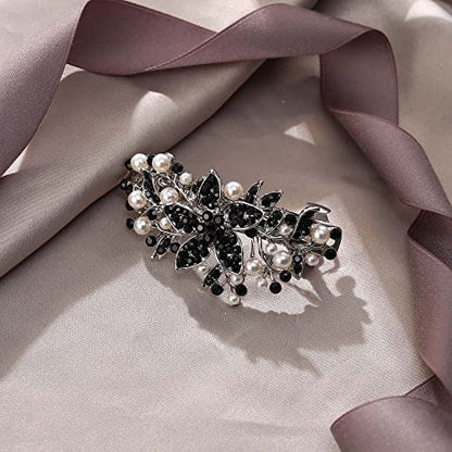 EVER FAITH Austrian Crystal Bridal Hibiscus Flower Leaf Cream Simulated Pearl Hair Clip Barrette Black Silver-Tone - color: Black Silver-Tone