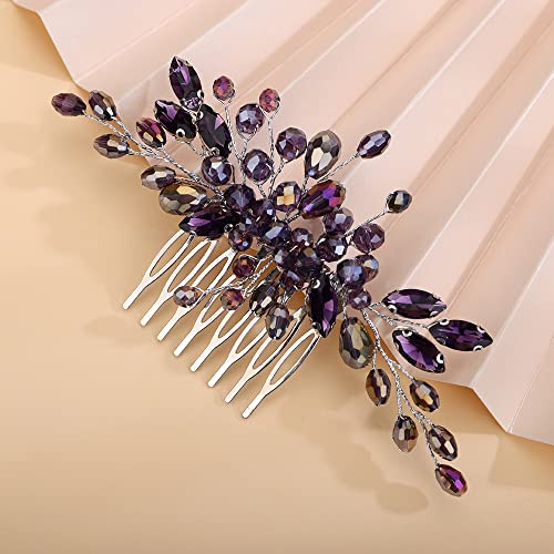 Teyglen Rhinestone Wedding Headpieces Bridal Purple Crystal Hair Comb Hair Accessories for Bride Handmade Red Black Blue Hair Pieces for Women Girls - color: Purple