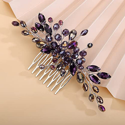 Teyglen Rhinestone Wedding Headpieces Bridal Purple Crystal Hair Comb Hair Accessories for Bride Handmade Red Black Blue Hair Pieces for Women Girls - color: Purple