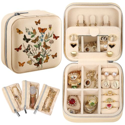 Bistup Travel Jewelry Case - Small Jewelry Organizers and Storage Box for Women Girls Teens Cute Traveling Jewelry Holder with Mirror Little Tiny Compact Flower Modern Unique Aesthetic Pretty - style: Buttefly Flower