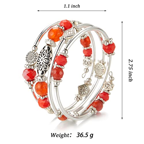 FULU AUTUMN Stackable Beaded Bracelets for Women Boho Wrap Silver Bracelet Layered Fashion Jewelry Gifts for Her - color: Bright orange