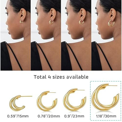 2 Pairs Gold/Silver Hoop Earrings For Women Set Trendy,14K Plated Gold Chunky Huggie Hoop Earings Pack,Oval Twisted Statement Silver Hoops,Fashion Jewelry Gift - color: 10) triple hoop