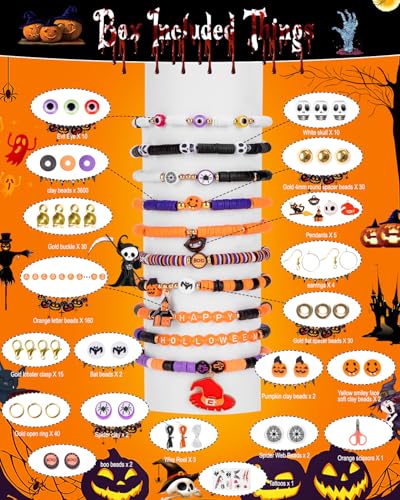 Goldwise Halloween Jewelry Making Bead Kit – 2 Storage Boxes with Clay Beads, Orange A–Z Letter Beads and Halloween Charms, DIY Bracelet & Jewelry Making Supplies - size: Halloween