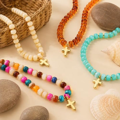 Colorful Resin Chunky Beaded Necklace for Women Modern Statement Choker Necklace with Gold Tone Cross Pendant Boho Summer Jewelry Gift - color: Multicolor-1
