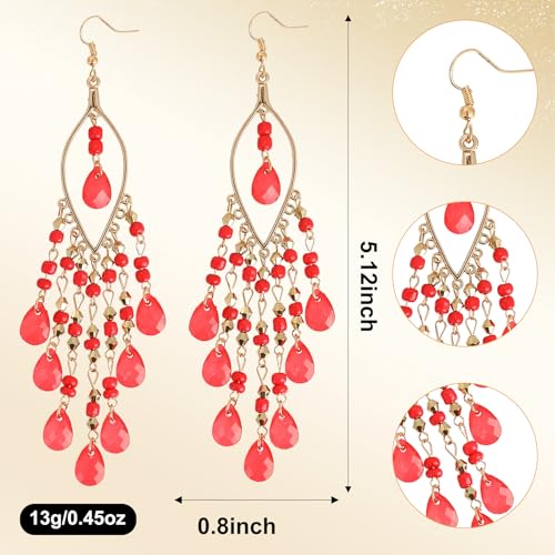 Boho Chandelier Earrings, Beaded Tasse Dangle Earring for Women, Red, Black, Blue, White, Colorful Long Earrings - color: Red