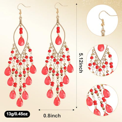 Boho Chandelier Earrings, Beaded Tasse Dangle Earring for Women, Red, Black, Blue, White, Colorful Long Earrings - color: Red