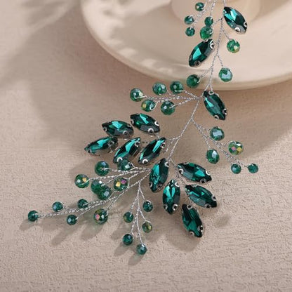 Teyglen Green Crystal Bride Flower Wedding Hair Vine Handmade Rhinestone Headband Bridal Head Piece for Women Party Prom Headpiece Sparkly Rhinestone Hair Accessories (Peacock Green) - color: Peacock Green