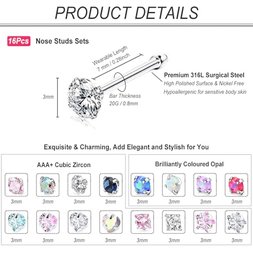 SEEDRILL Nose Rings Studs for Women 16Pcs 20G/18G Nose Studs Hypoallergenic 316L Surgical Steel Nose Piercings Jewelry 3mm CZ & Opal Nose Ring L Shape Nose Stud 20 Gauge Nose Screw Studs - style: 20G/Straight Shape/Colorful CZ