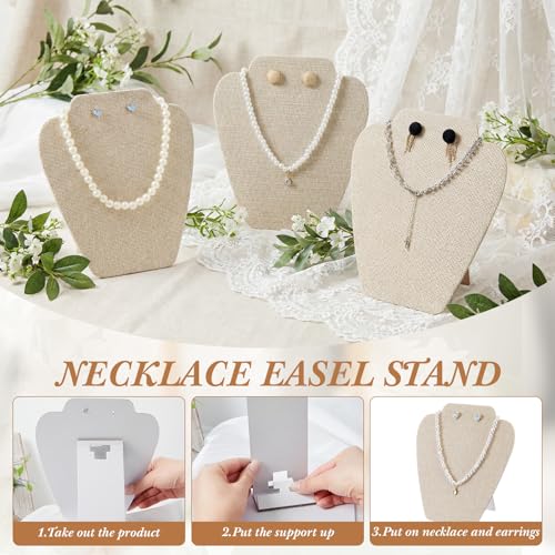 Wenqik 24 Pcs Foldable Necklace Display Stand Bulk for Vendor 7.38x8.25in Beige Linen Jewelry Bust Holder with Earring Holes - color: Light Color