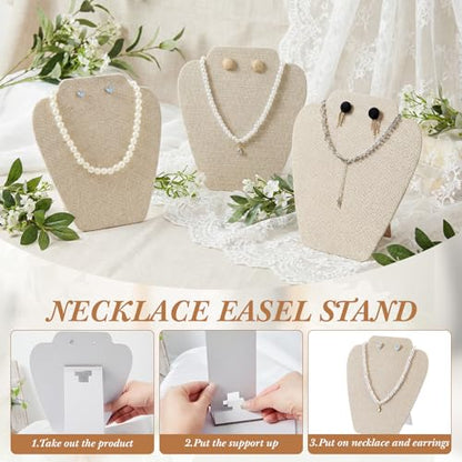 Wenqik 24 Pcs Foldable Necklace Display Stand Bulk for Vendor 7.38x8.25in Beige Linen Jewelry Bust Holder with Earring Holes - color: Light Color
