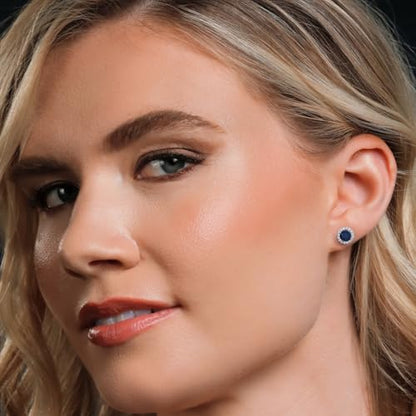 Gem Stone King 14K White Gold 6MM Round Gemstone Birthstone Stud Earrings with Removable Jackets and Lab Grown Diamond Accents | Gold Earrings For Women | Fine Jewelry Gift for Her Mom Women Wife - color: Blue Sapphire-September