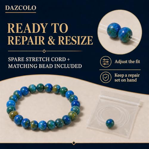 8mm Natural Crystal Stretch Bracelet | Handmade Round Stone Bead Bracelet, Runs Large, Meditation Yoga Gift for Women & Men - color: Azurite