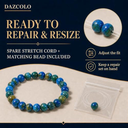 8mm Natural Crystal Stretch Bracelet | Handmade Round Stone Bead Bracelet, Runs Large, Meditation Yoga Gift for Women & Men - color: Azurite