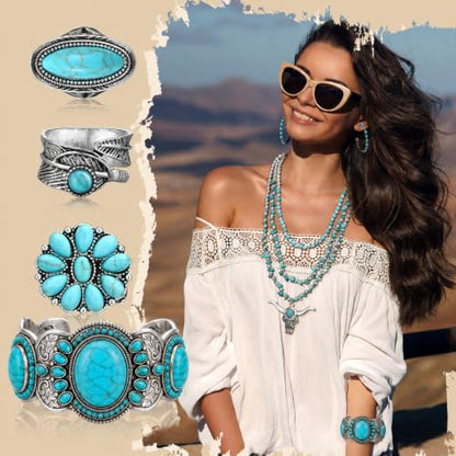 Ecally Bohemian Western Jewelry Turquoise Set Women Country Pendant Long Choker Layered Bracelets Earrings Ring for Women - color: Turquoise, style: Graceful