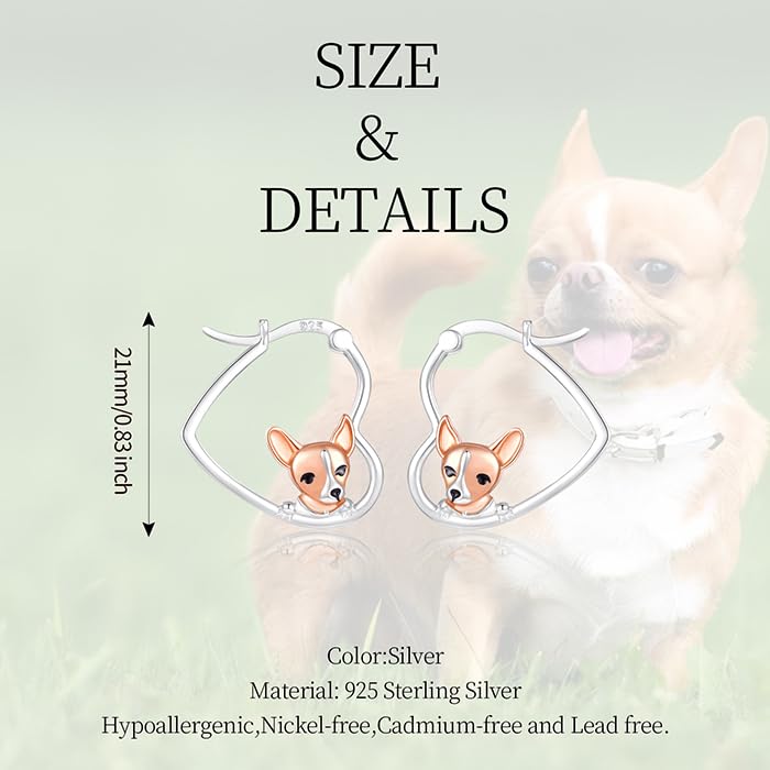 LES OSEWA Dog Animal Earrings Sterling Silver Animal Heart Hoop Dangle Earrings Cute Jewelry Gifts for Women - color: Chihuahua