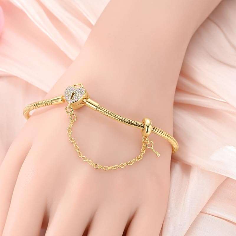 Star moon Mouse Clasp Snake Chain Bracelet 925 Sterling Silver Safety Chain Charm Christmas Mother’s Day Jewelry Gifts for Women - color: Gold Heart Key and Padlock Charm Bracelet, size: 19cm