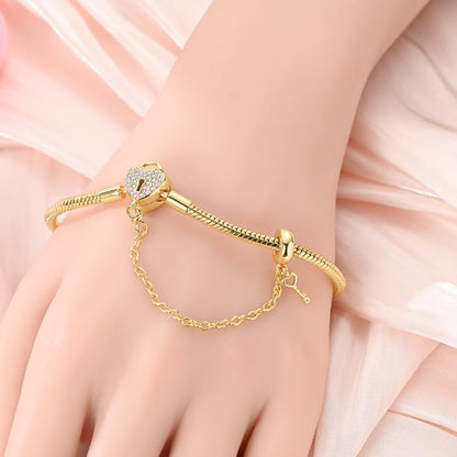 Star moon Mouse Clasp Snake Chain Bracelet 925 Sterling Silver Safety Chain Charm Christmas Mother’s Day Jewelry Gifts for Women - color: Gold Heart Key and Padlock Charm Bracelet, size: 19cm