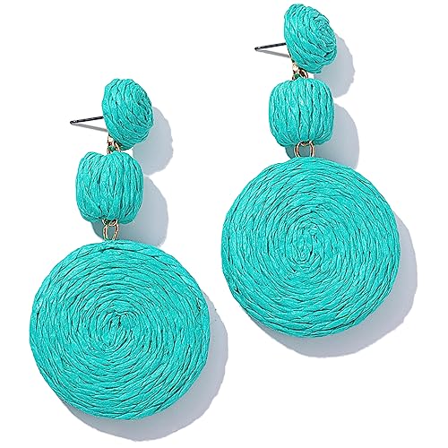 Statement Raffia Boho Round Dangle Ball Earrings - Cute Handmade Summer Bohemian Dangling Jewelry for Women - color: Teal