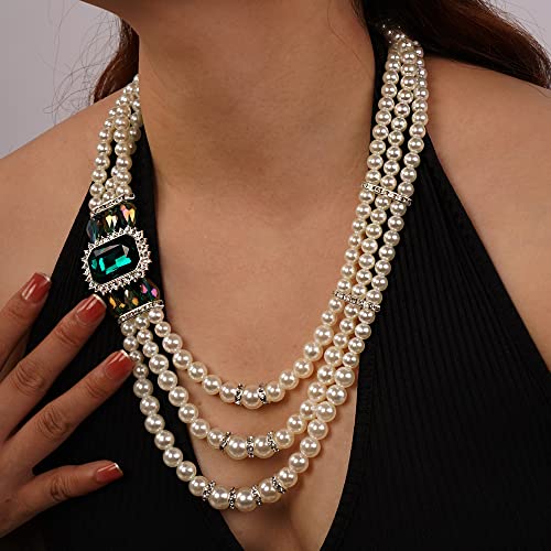 Aimimier 1920s 3-layered White Faux Pearl Necklace and Earrings Set with Crystal and Rhinestone Bridal Long Pearl Necklace Statement Women Jewelry - color: Emerald
