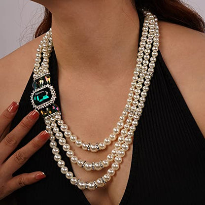 Aimimier 1920s 3-layered White Faux Pearl Necklace and Earrings Set with Crystal and Rhinestone Bridal Long Pearl Necklace Statement Women Jewelry - color: Emerald