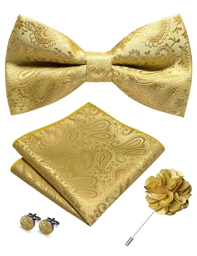 JEMYGINS Mens Paisley Bow Tie and Lapel Pin Necktie Pocket Square and Tie Clip with Sets for Business Casual 4PCS - color: Gold/Yellow