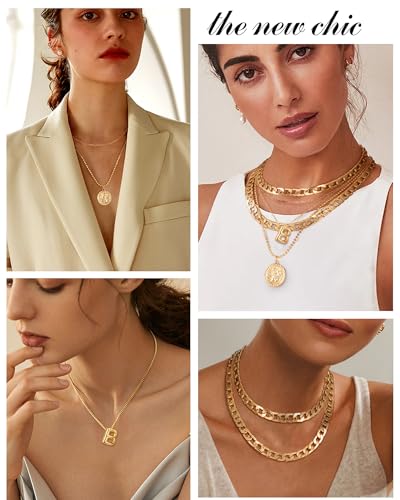 MJartoria Layered Necklaces for Women Trendy Balloon Initial Coin Pendant Necklace Dainty Chunky Chain Choker Necklaces Jewelry Birthday Gifts - color: Gold, style: B