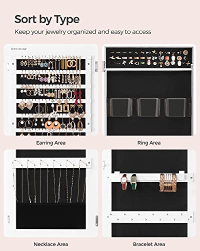 SONGMICS Jewelry Cabinet Armoire, Lockable Wall-Mounted Organizer Unit with 2 Plastic Cosmetic Storage Trays, Full-Length Frameless Mirror, White UJJC001W01 - color: White, style: 42.5-Inch Basic