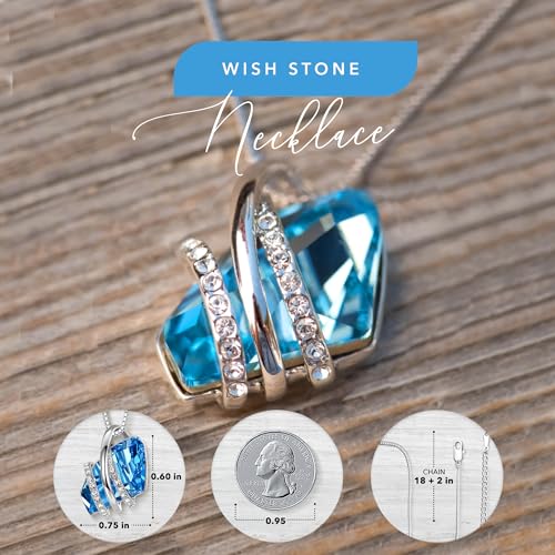 Leafael Wish Stone Pendant Necklace with Birthstone Crystal, 18K Rose Gold Plated/Silvertone, 18" + 2" - color: 203-March December-Aquamarine Blue-Silvertone