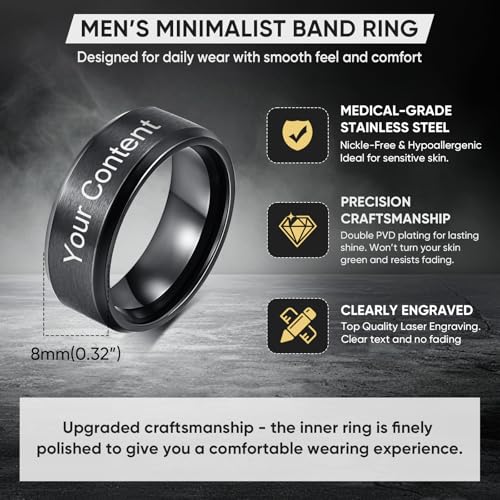 VNOX Customize Personalized 6MM/8MM Tungsten Carbide/Stainless Steel Simple Matte Brushed Finish Wedding Band Engagement Rings for Men Women,Size 5-14 - color: Black-8mm-stainless-steel