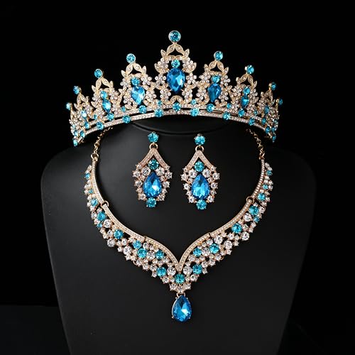 Tiaras and Crowns for Women,Tiaras Earrings Necklace, Crystal Bridal Jewelry Set - color: Lake Blue