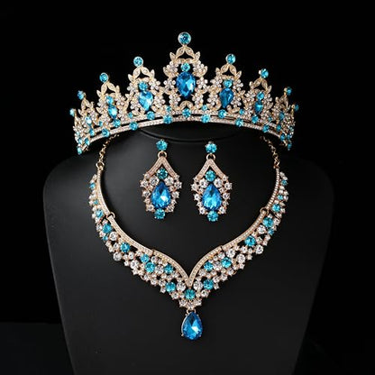 Tiaras and Crowns for Women,Tiaras Earrings Necklace, Crystal Bridal Jewelry Set - color: Lake Blue