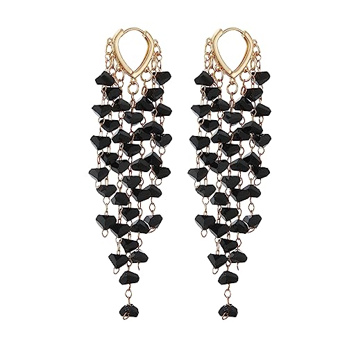 Fringe Hoop Dangle Earrings, Long Beads Tassel Chain Earrings for Women Sparkly Chandelier Earrings - color: Black