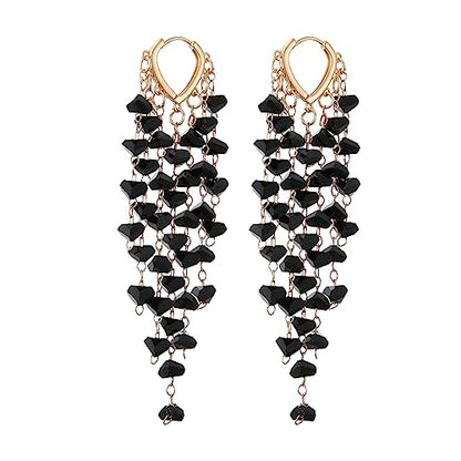 Fringe Hoop Dangle Earrings, Long Beads Tassel Chain Earrings for Women Sparkly Chandelier Earrings - color: Black