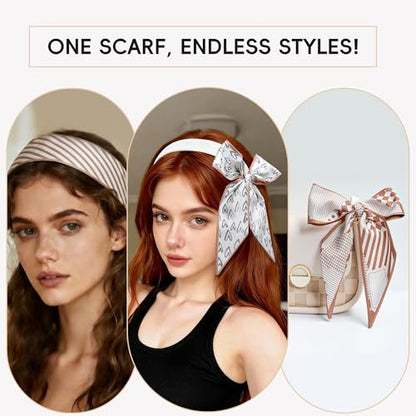 ZXZH 6 Pack Fashion Scarves for Women, Versatile Boho Head Scarf | Satin Scarf for Hair, Neck, Wrist, and Purse Accessories - color: Beige & Brown Geometric Mix