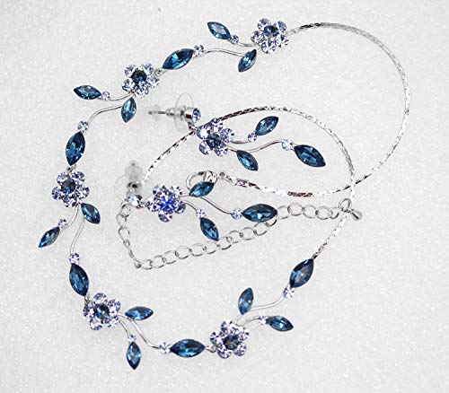 Faship Gorgeous Rhinestone Crystal Floral Necklace Earrings Set - color: Navy Blue