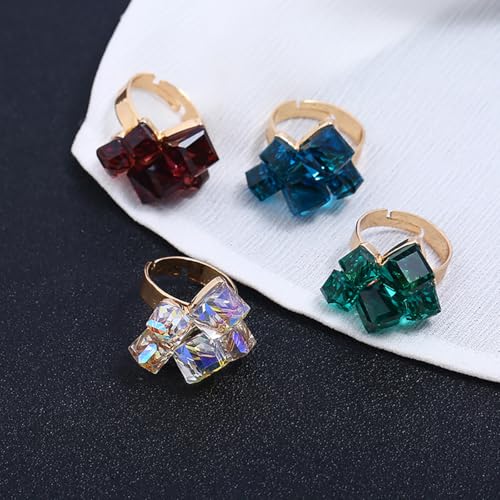 Hebelee Boho Square Crystal Statement Ring for Women Adjustable | Gold-Toned Expandable Promise Engagement Geometric Rings Comfort Fit Elegant Art Deco Christmas Cocktail Y2K Jewelry - color: Wine Red