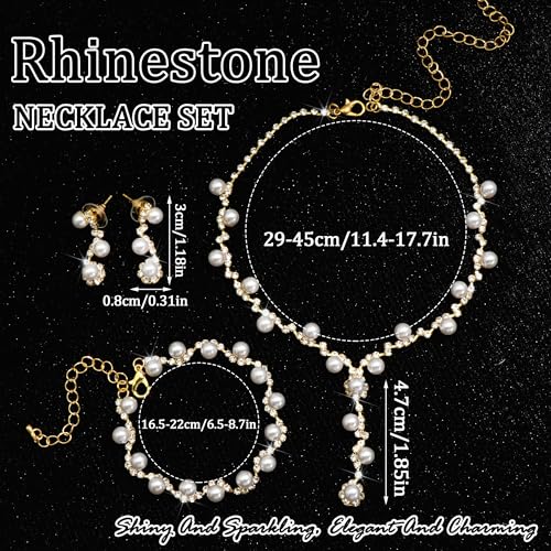 Rhinestone Jewelry Set Crystal Pearl Necklace Bracelet Earrings | Sparkly Necklace Dangle Earrings,Wedding Prom Formal Costume Jewelry Sets for Women - color: Gold8