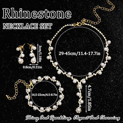 Rhinestone Jewelry Set Crystal Pearl Necklace Bracelet Earrings | Sparkly Necklace Dangle Earrings,Wedding Prom Formal Costume Jewelry Sets for Women - color: Gold8