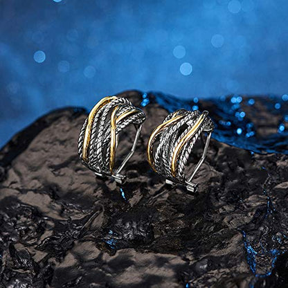 Mytys Two Tone Huggie Hoop Earrings Cross Over Design Twisted Rope Silver Gold Statement Wide Band Clip On Hoops for Women Fashion Jewelry Gift - color: Gold & Silver