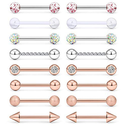 SCERRING 8 Pairs 14G Stainless Steel Clear CZ Nipple Ring Tongue Straight Barbell Rings Bars Retainer Body Piercing Jewelry for Women Men 9/16Inch - color: 8 Pairs - Rose Gold