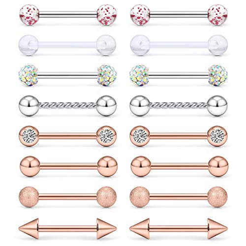 SCERRING 8 Pairs 14G Stainless Steel Clear CZ Nipple Ring Tongue Straight Barbell Rings Bars Retainer Body Piercing Jewelry for Women Men 9/16Inch - color: 8 Pairs - Rose Gold