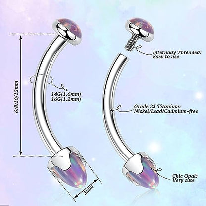 G23 Titanium Eyebrow Piercing Jewelry Eyebrow Rings Curved Barbell 16G Eyebrow Belly Button Ring Navel Rings Rook Daith Earrings Lip Ring Eyebrow Jewelry 6mm-12mm - color: 2PCS,Disc Shape +Cone Shape Purple Opal,Silver